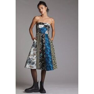 Anthropologie Strapless Patchwork Floral Sweetheart Midi Dress Size 6 EU 38 Boho